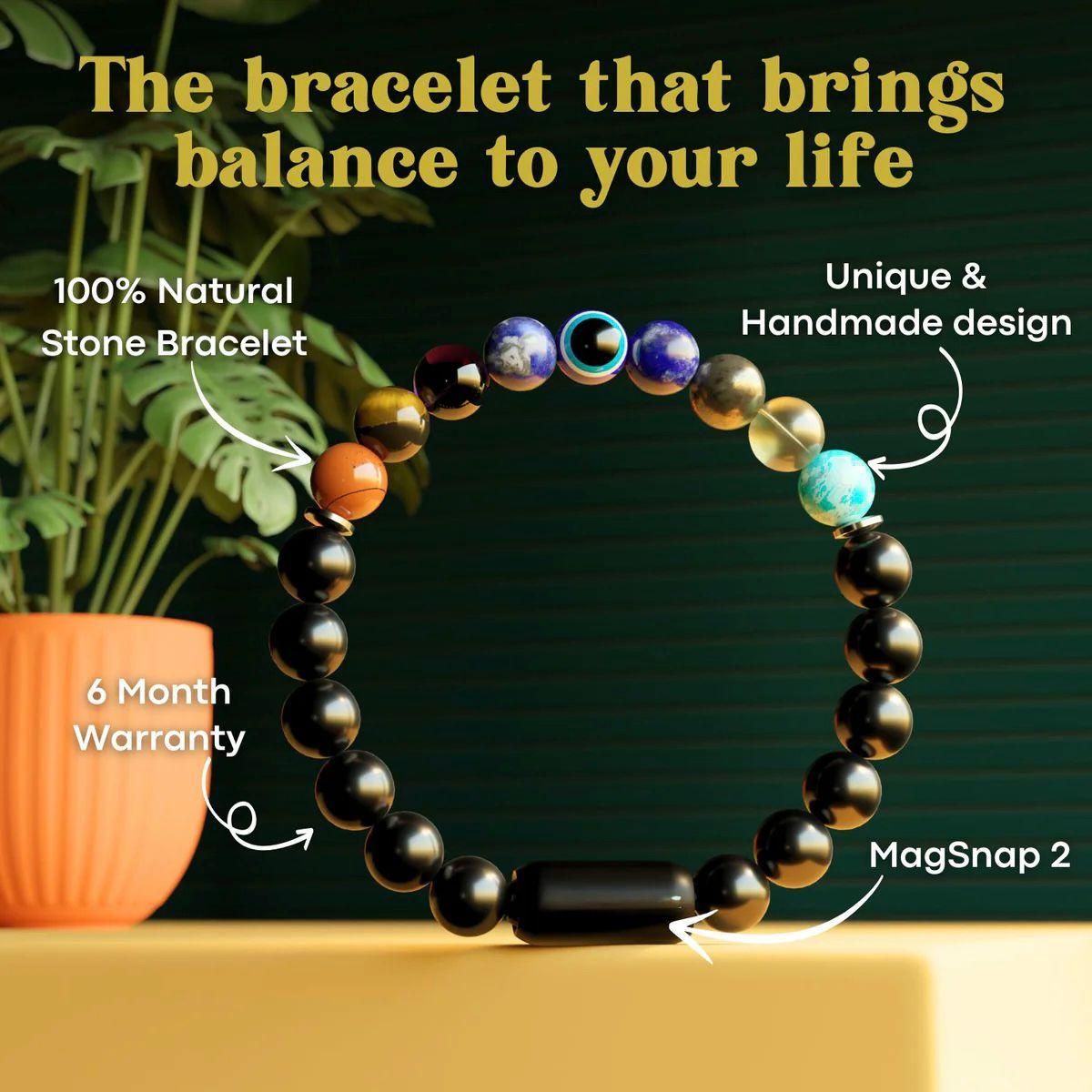 Natural stone Super 9 Chakra Healing Bracelet on a dark green background