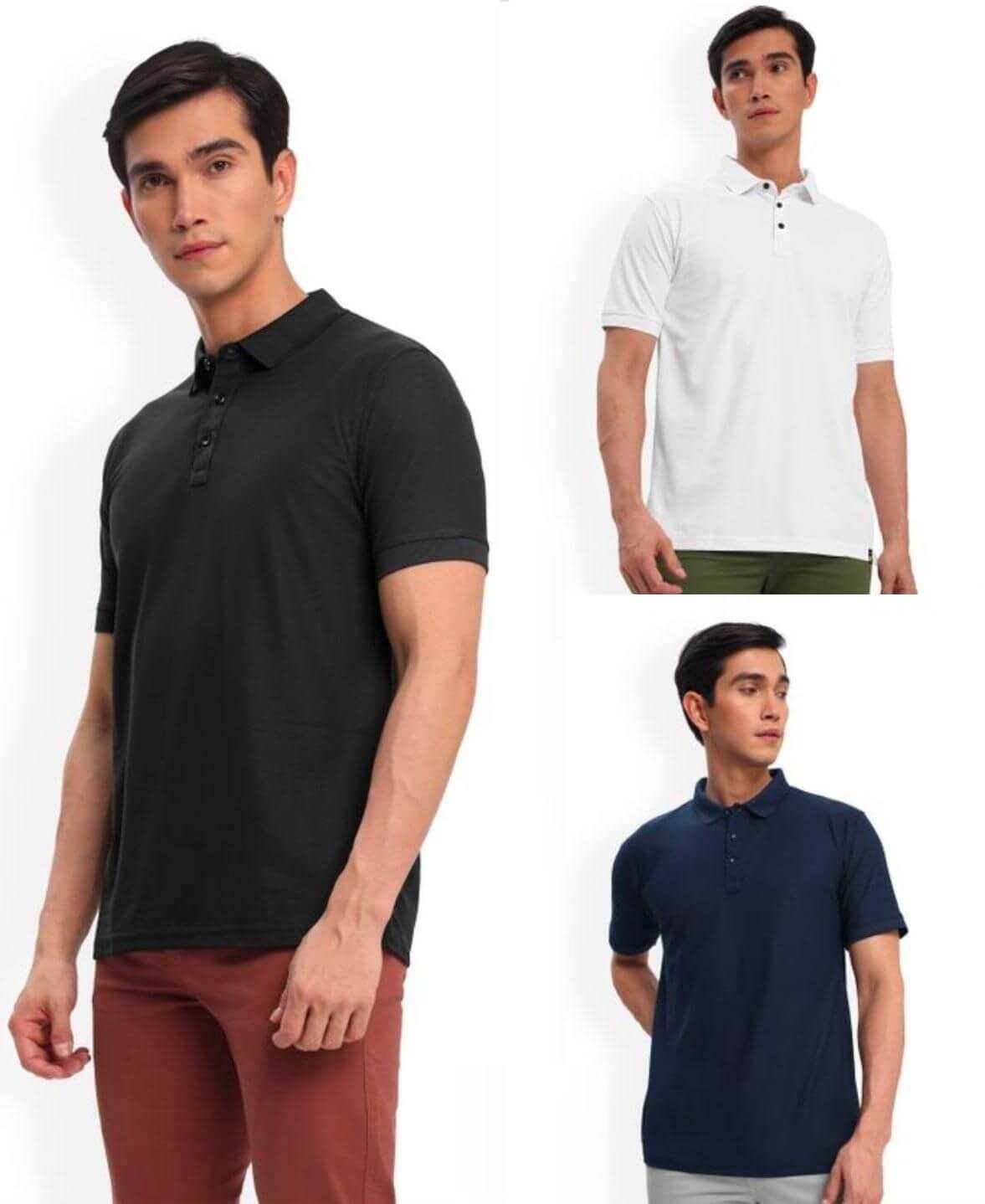 Three men wearing black, white, and navy polo shirts on a white background