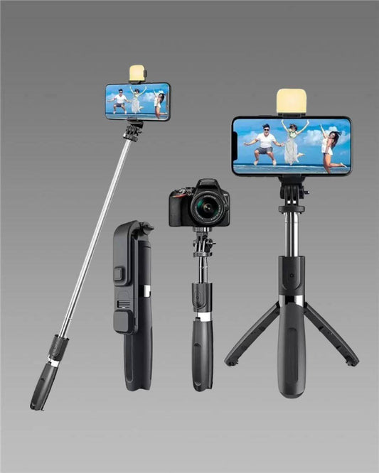 Expandable 3-in-1 Selfie Stick Tripod | Flash & Bluetooth Remote | Universal Phone Holder | Light Weight Tripod