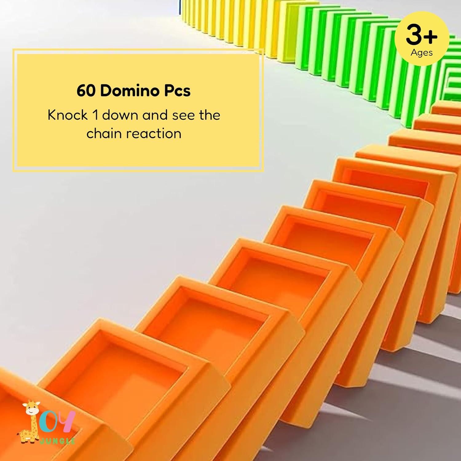 Orange dominoes set with a yellow label indicating '60 Domino Pcs' and 'Knock 1 down and see the chain reaction'.