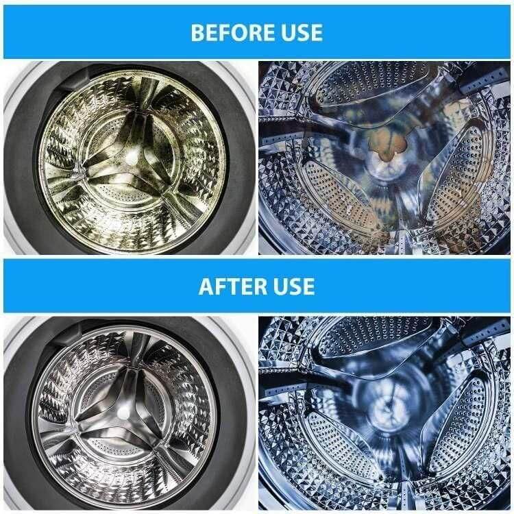 Comparison of a washing machine drum before and after use with a blue background.