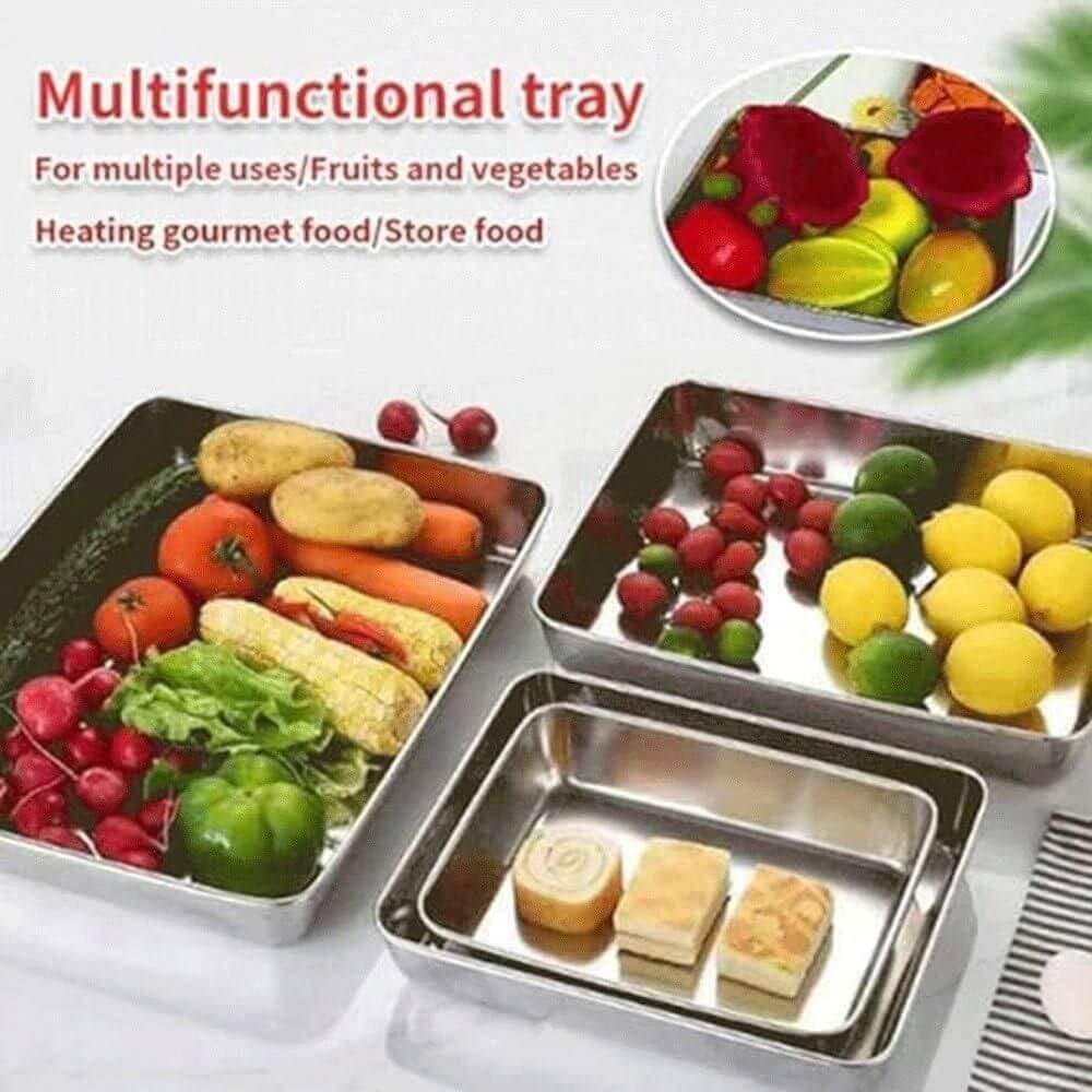 Multifunctional Stainless Steel Food & Storage Trays with Lids – 2, 3 & 4 Pc Sets | Reusable, Leakproof, & Stackable Kitchen Containers (15 x 10 x 5 cm)