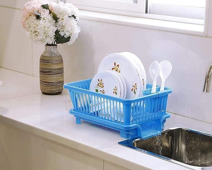 3-in-1 Kitchen Dish Drainer Rack – Space-Saving Plastic Dish Rack with Utensil Holder & Drip Tray | Multi-Purpose Kitchen Organizer for Plates, Bowls & Cutlery (Durable & Easy to Clean)