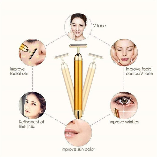 Facial massager with benefits for skin improvement on a white background