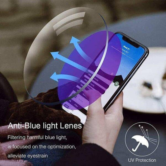 Person holding a smartphone with an anti-blue light lens filter on a blurred background