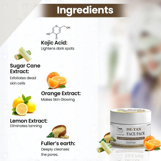 De-Tan Face Pack for Glowing & Bright Skin | With Kojic Acid, Orange & Fuller's Earth | Anti-Tan, Skin Brightening Face Mask for Women | No Bleach, Gentle Formula | 50gm