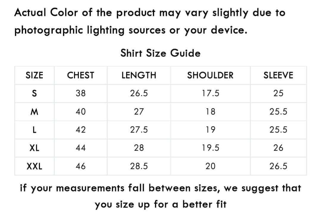 Shirt size guide with measurements for chest, length, shoulder, and sleeve.