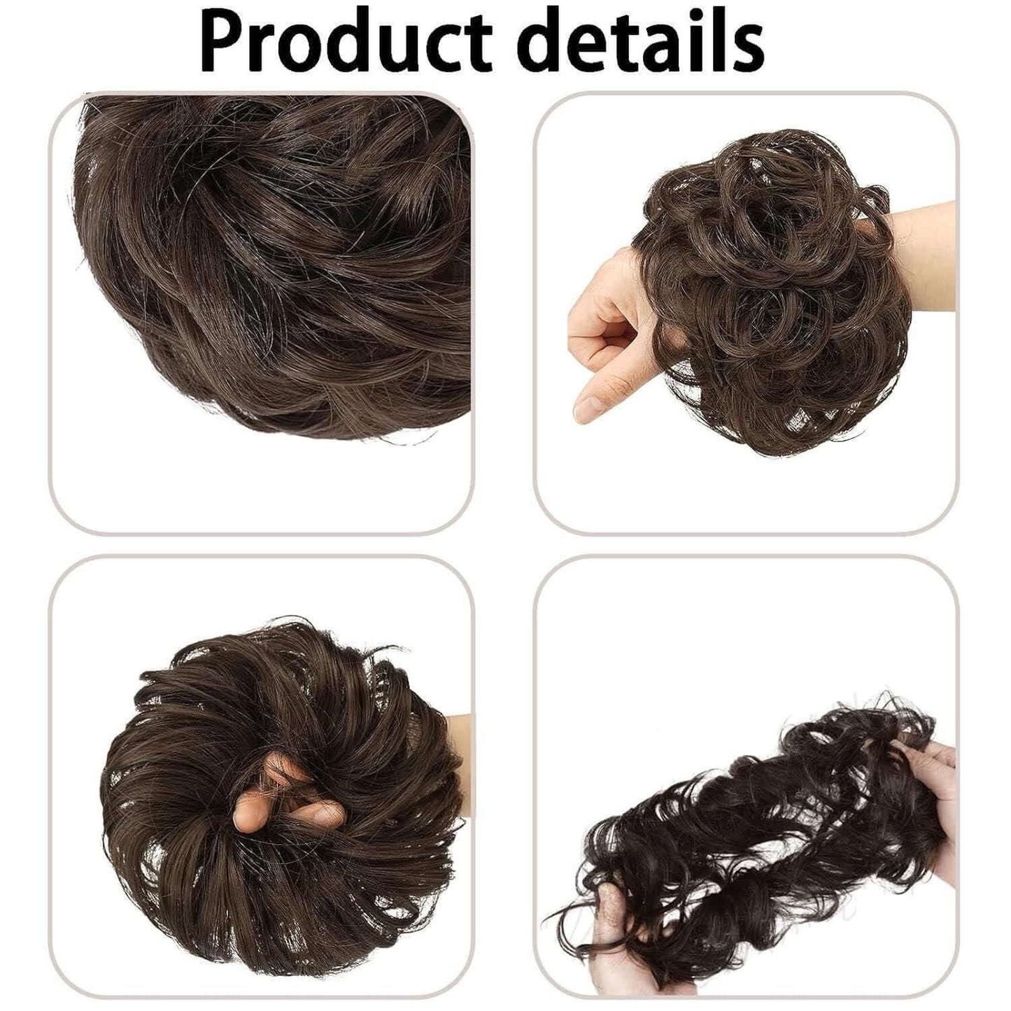 Hair bun extension shown from different angles with text 'Product details'.