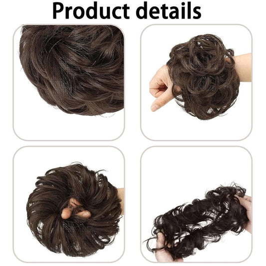 Hair bun extension shown from different angles with text 'Product details'.