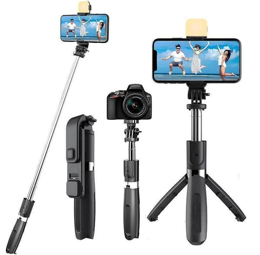 Expandable 3-in-1 Selfie Stick Tripod | Flash & Bluetooth Remote | Universal Phone Holder | Light Weight Tripod
