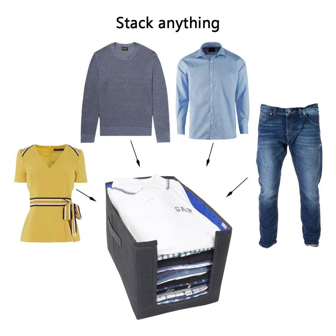 Stackable organizer with clothes on a white background