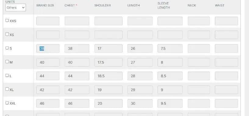 Measurement chart for clothing with size labels and dimensions.