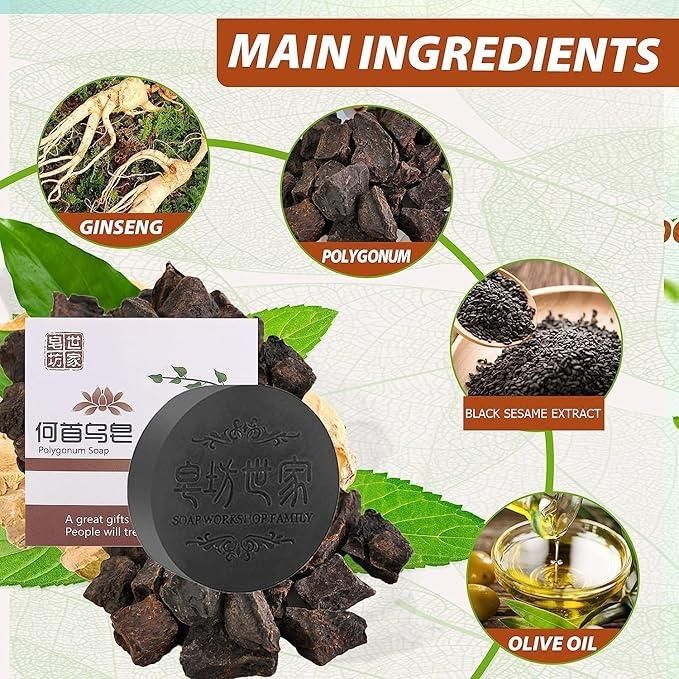 Main ingredients of Polygonum Shampoo Bar including Ginseng, Polygonum, Black Sesame Extract, and Olive Oil