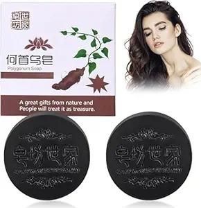 Polygonum Shampoo Bar pack of 2 with product box and female model showing healthy shiny hair