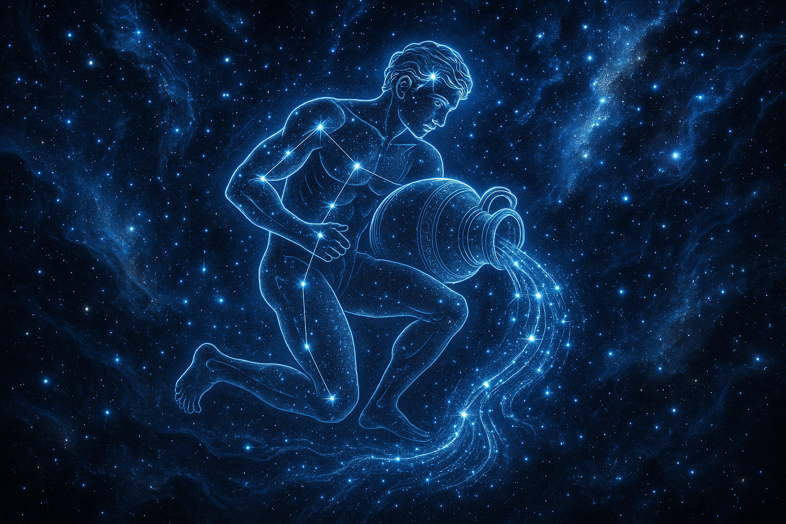 Aquarius zodiac sign constellation in space with blue glow