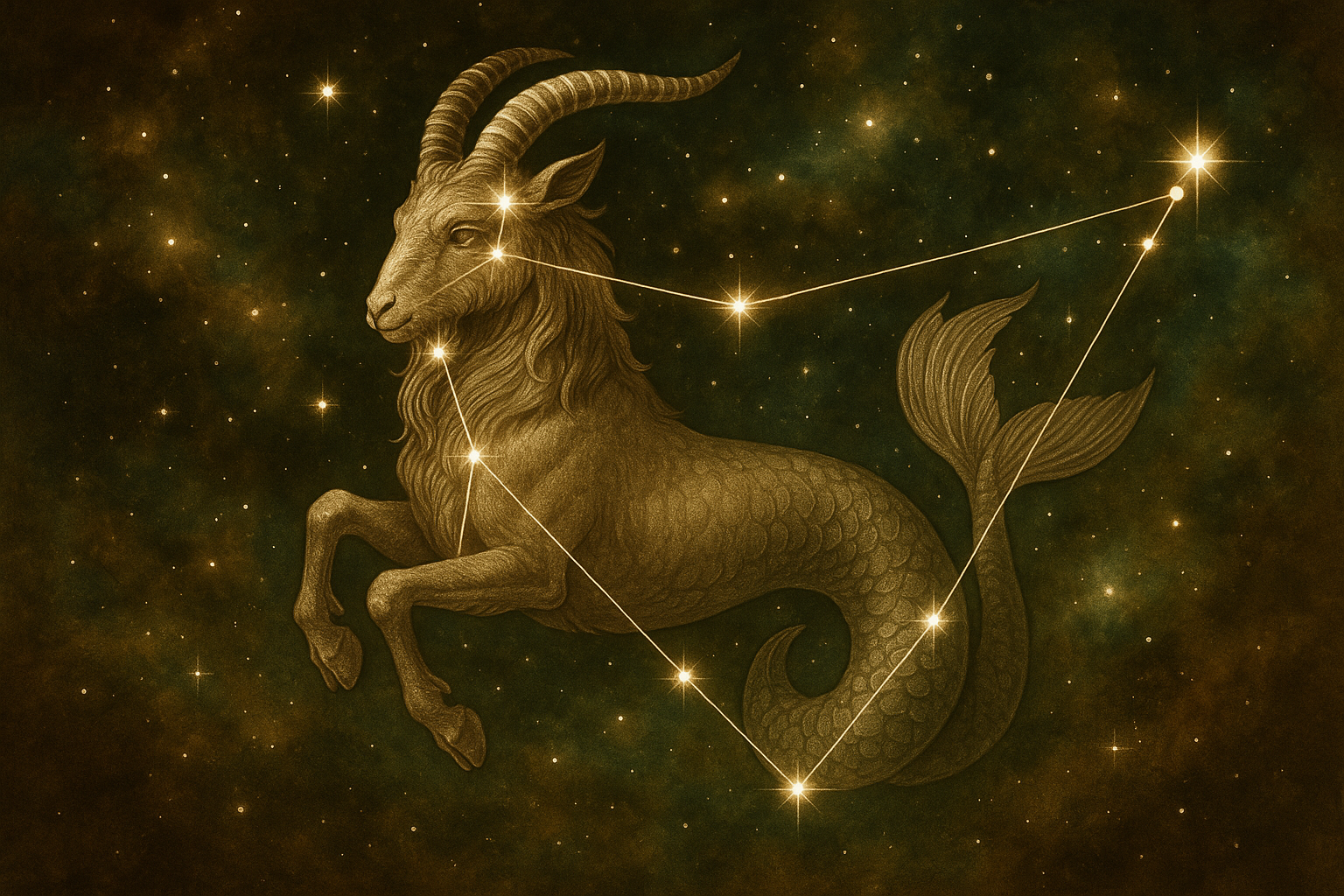 Capricorn zodiac sign with constellation against a starry night sky