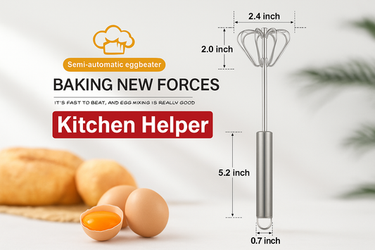 Kitchen Helper semi-automatic eggbeater with dimensions and text on a light background