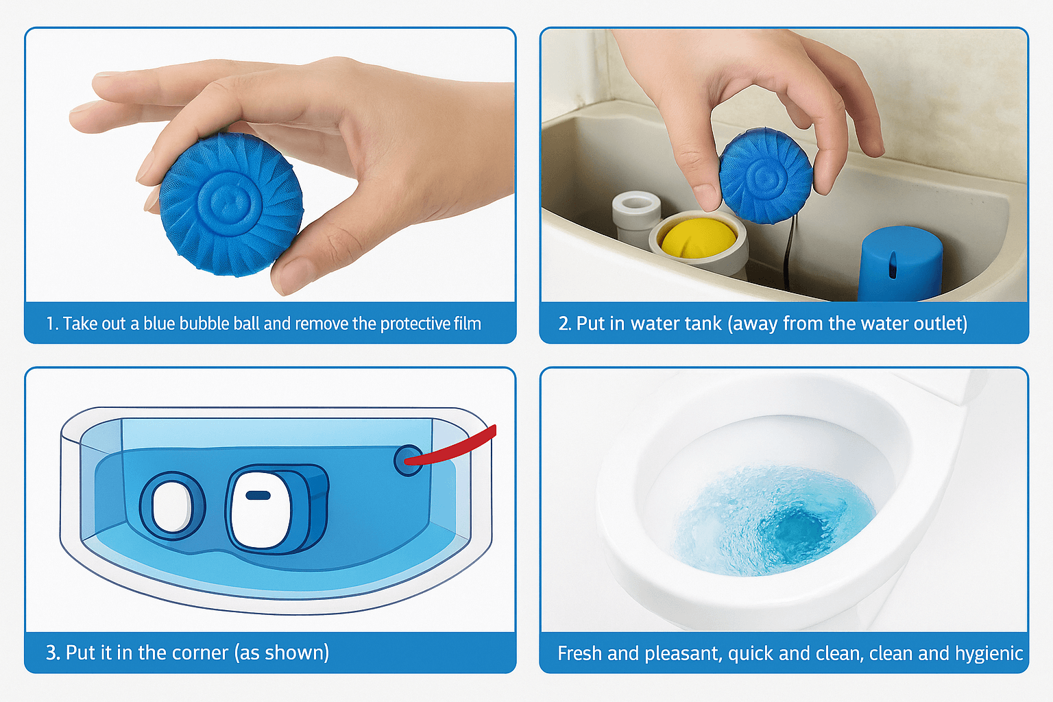 Four-panel instructional guide for blue toilet cleaning tablets