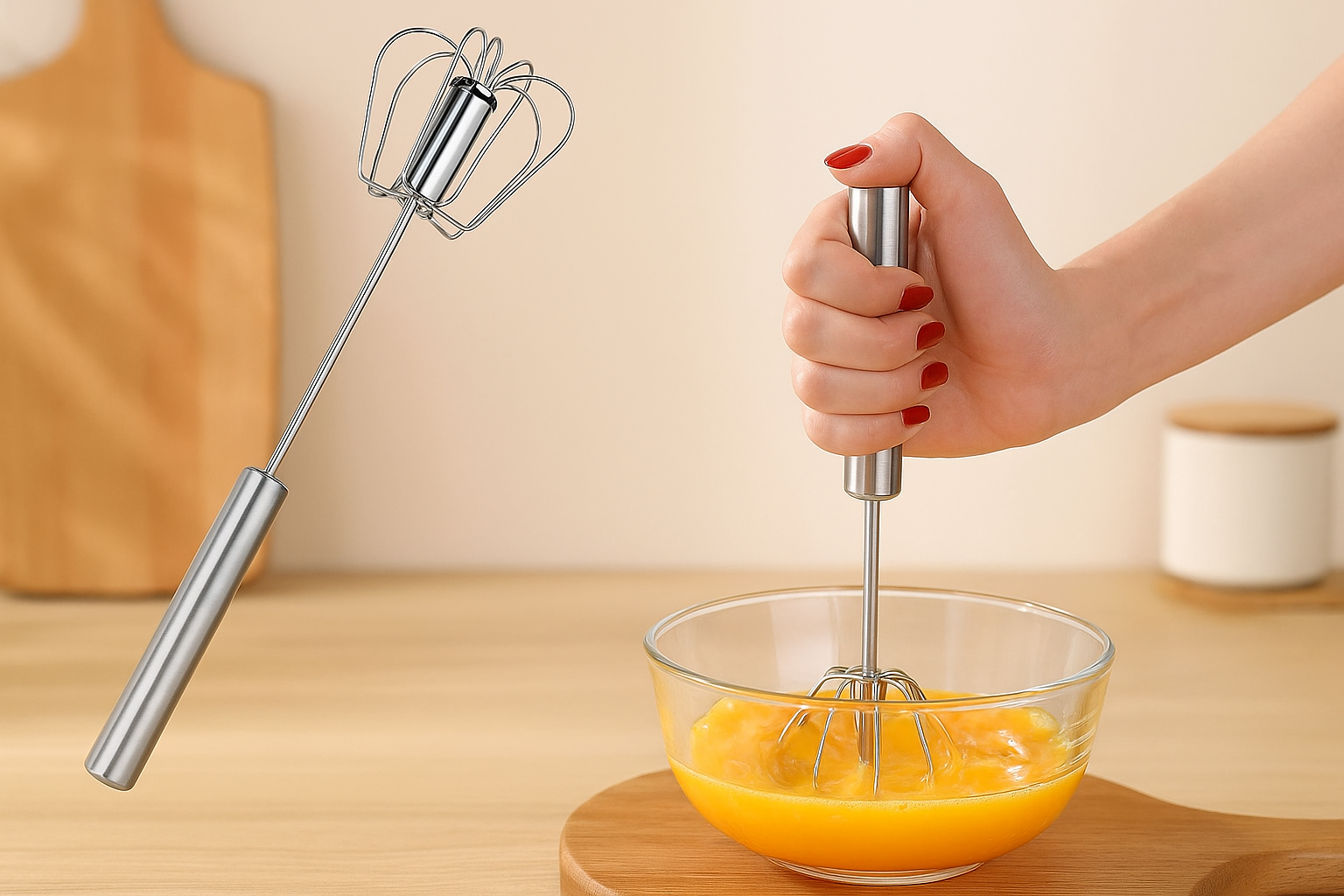 Hand holding a hand mixer above a bowl of eggs on a wooden surface.