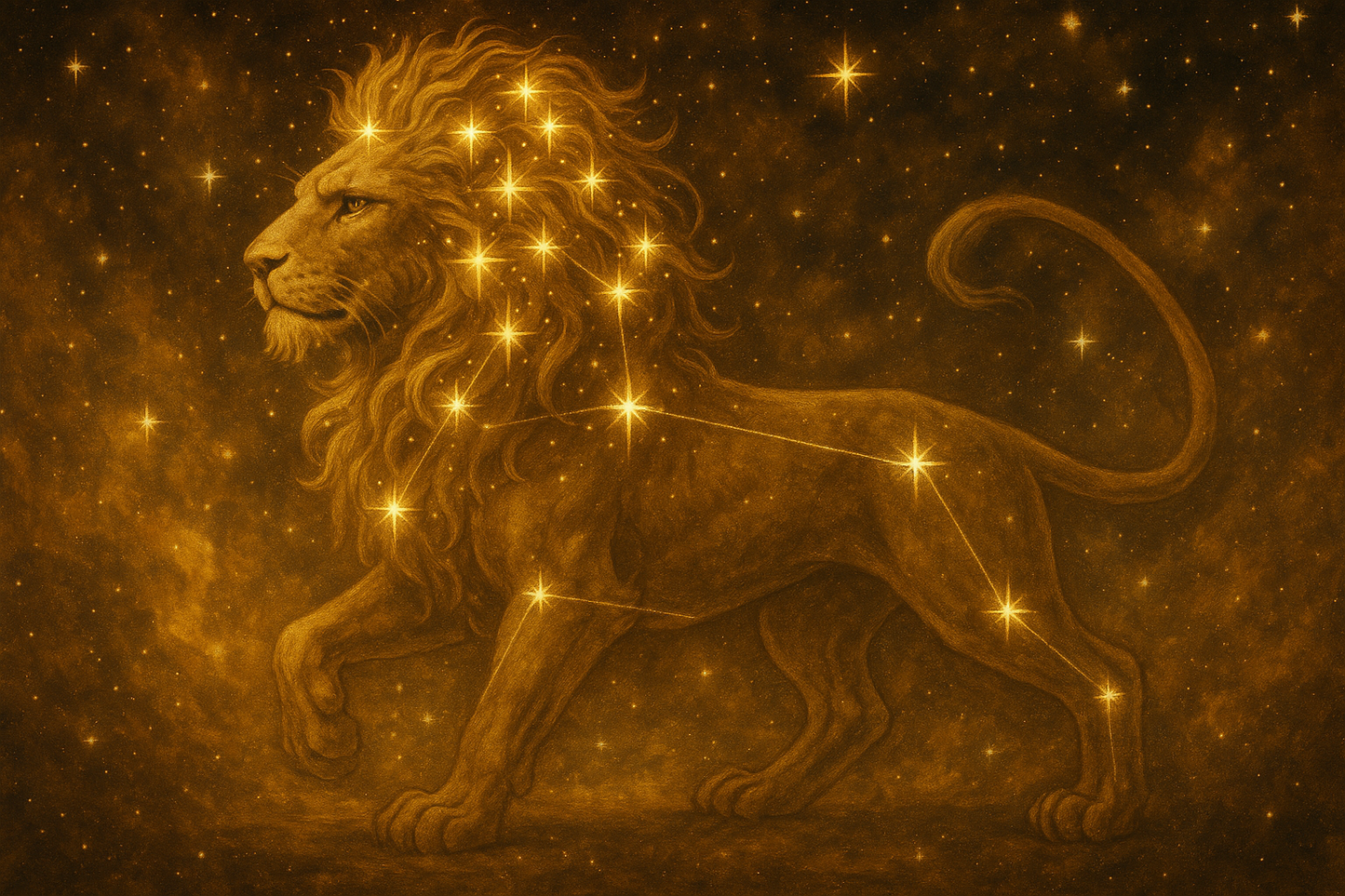 Illustration of a lion zodiac sign with stars on a dark background
