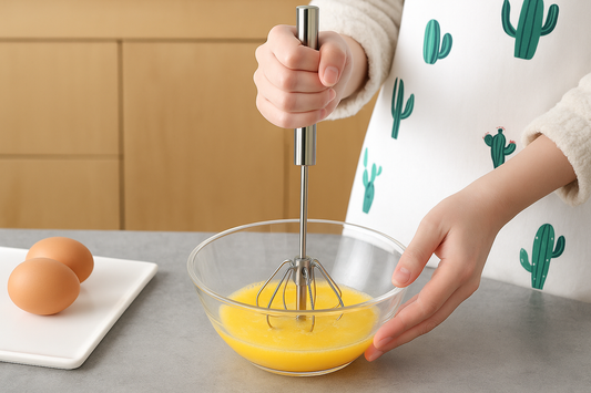 Person whisking eggs in a bowl with a hand mixer on a kitchen counter.