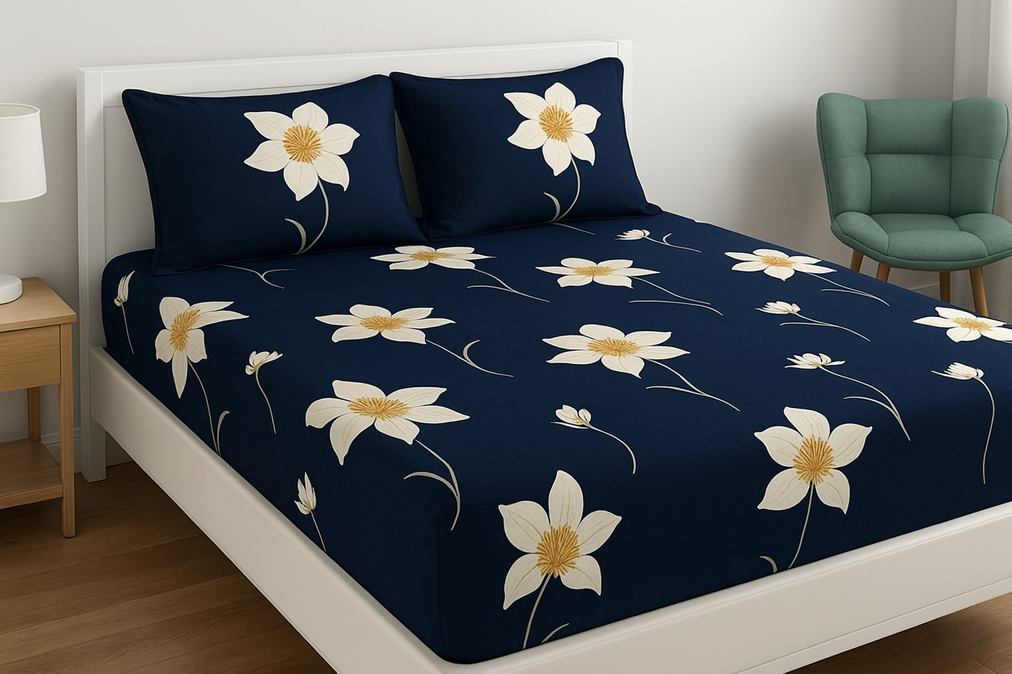 Navy Blue Floral Bedsheet Set