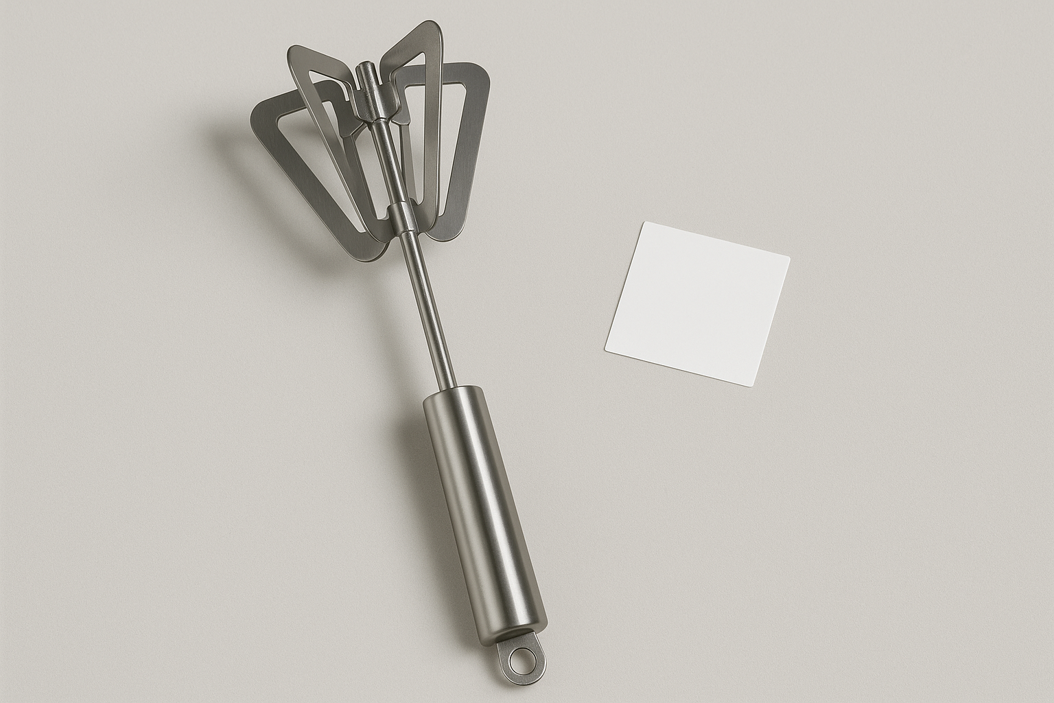 Metal kitchen whisk on a light gray background