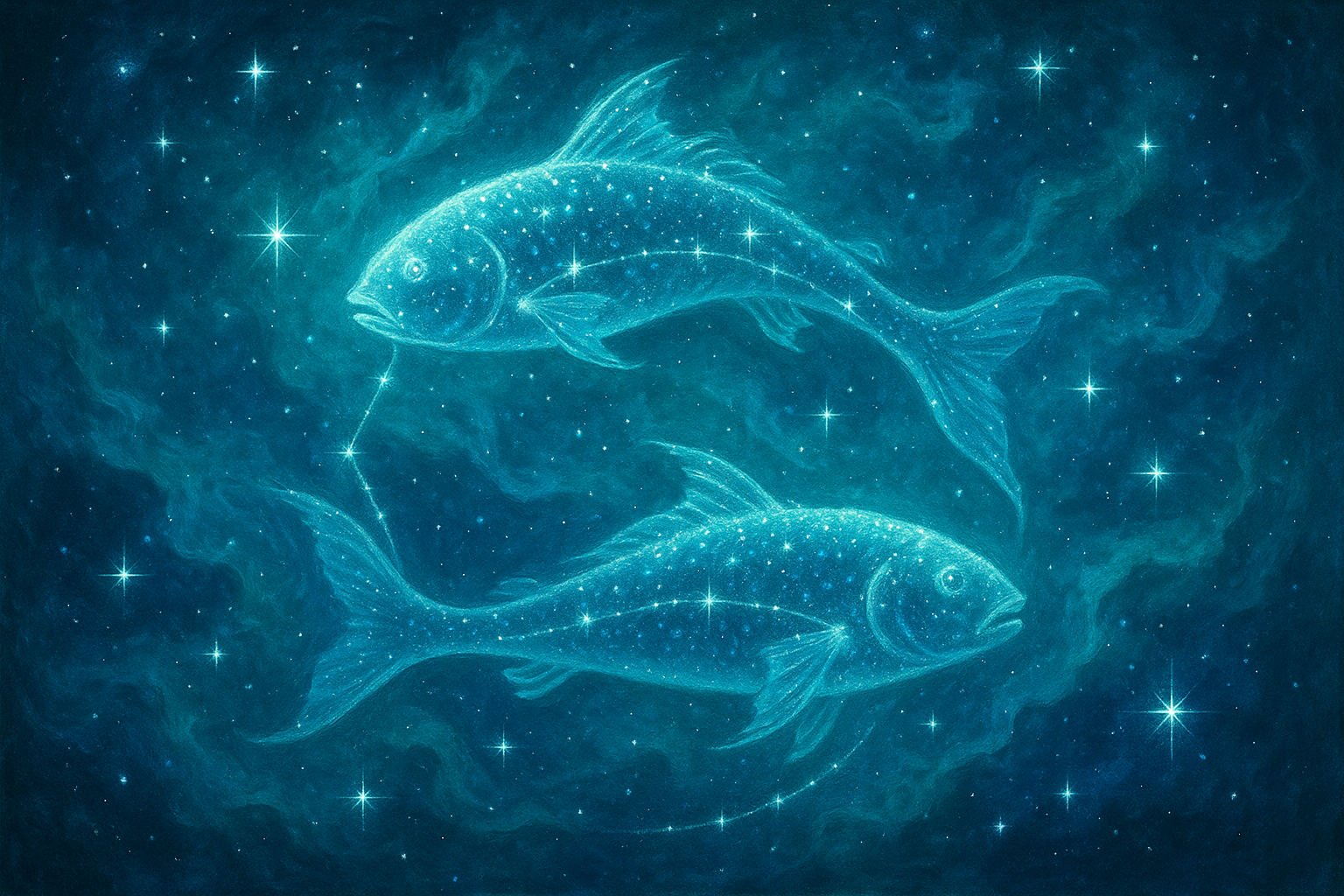 Illustration of the Pisces zodiac sign with a starry background