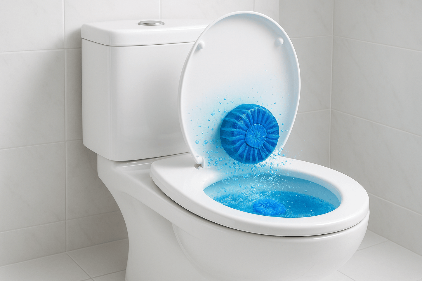 Professional product photography of blue toilet cleaning tablets