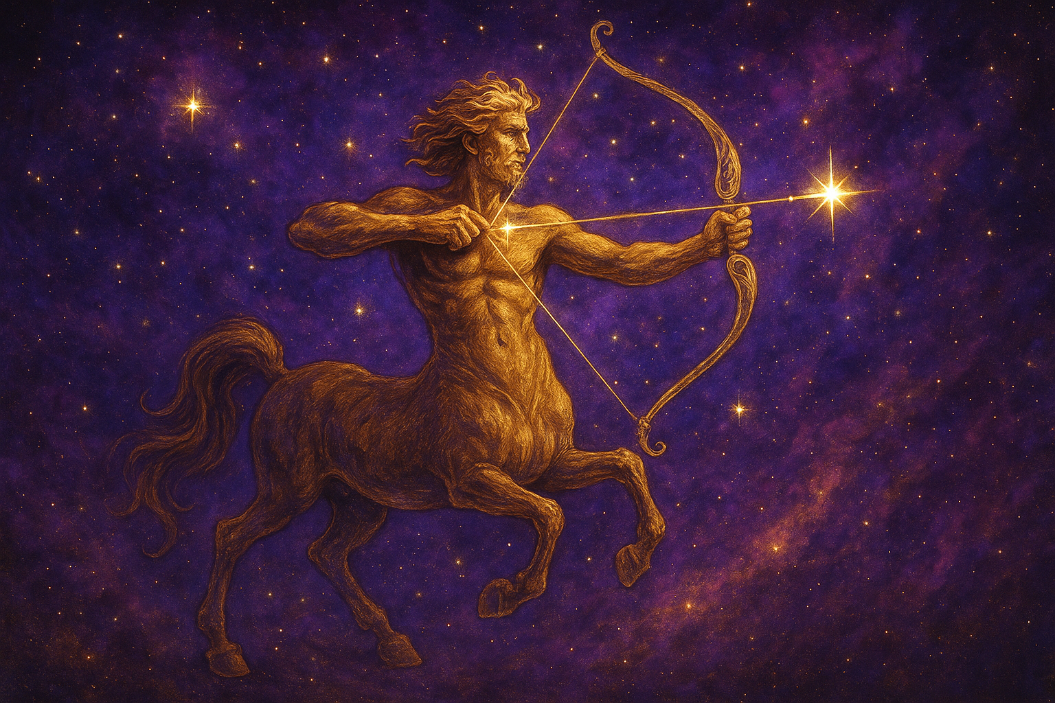 Illustration of a centaur with a bow against a starry night sky (Sagittarius)