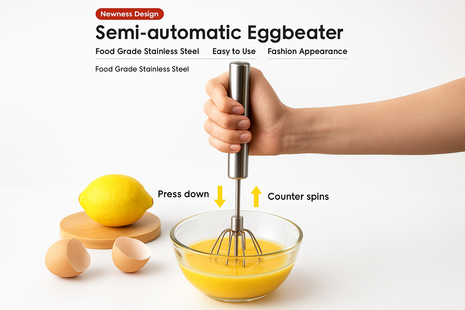 Semi-automatic eggbeater being used to mix eggs with a lemon and wooden board in the background.