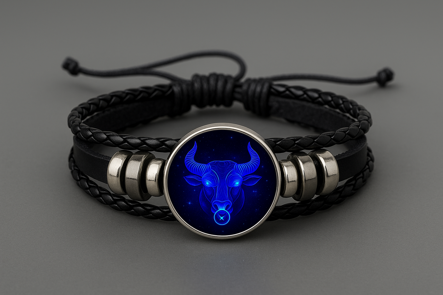 Black braided leather bracelet with a blue glowing bull head emblem on a gray background
