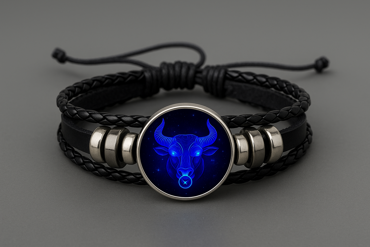 Black braided leather bracelet with a blue glowing bull head emblem on a gray background