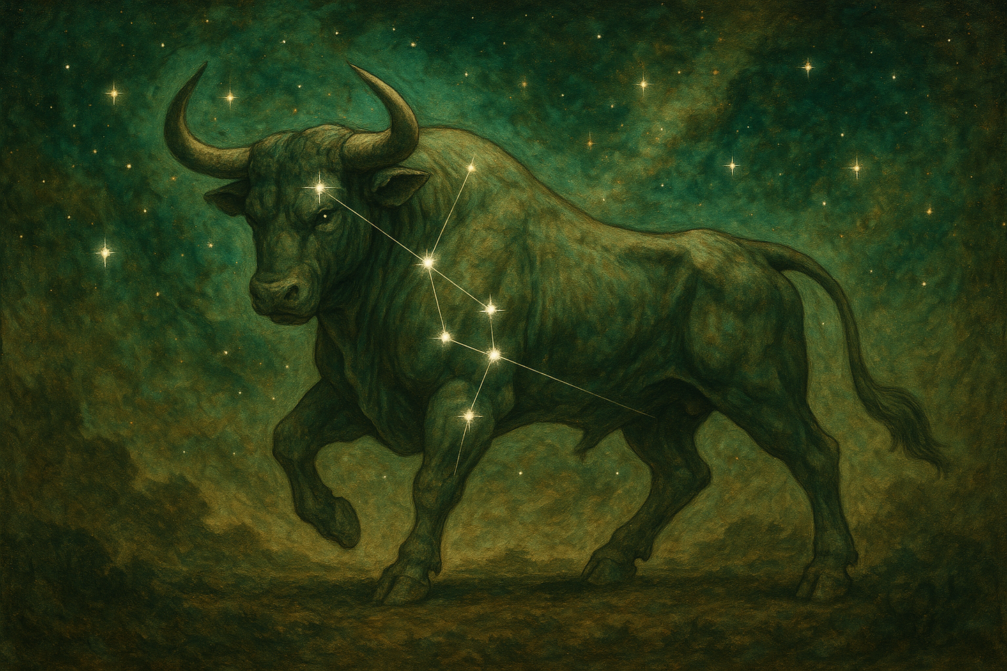 Illustration of a bull with stars forming its body against a starry night sky. (Taurus)