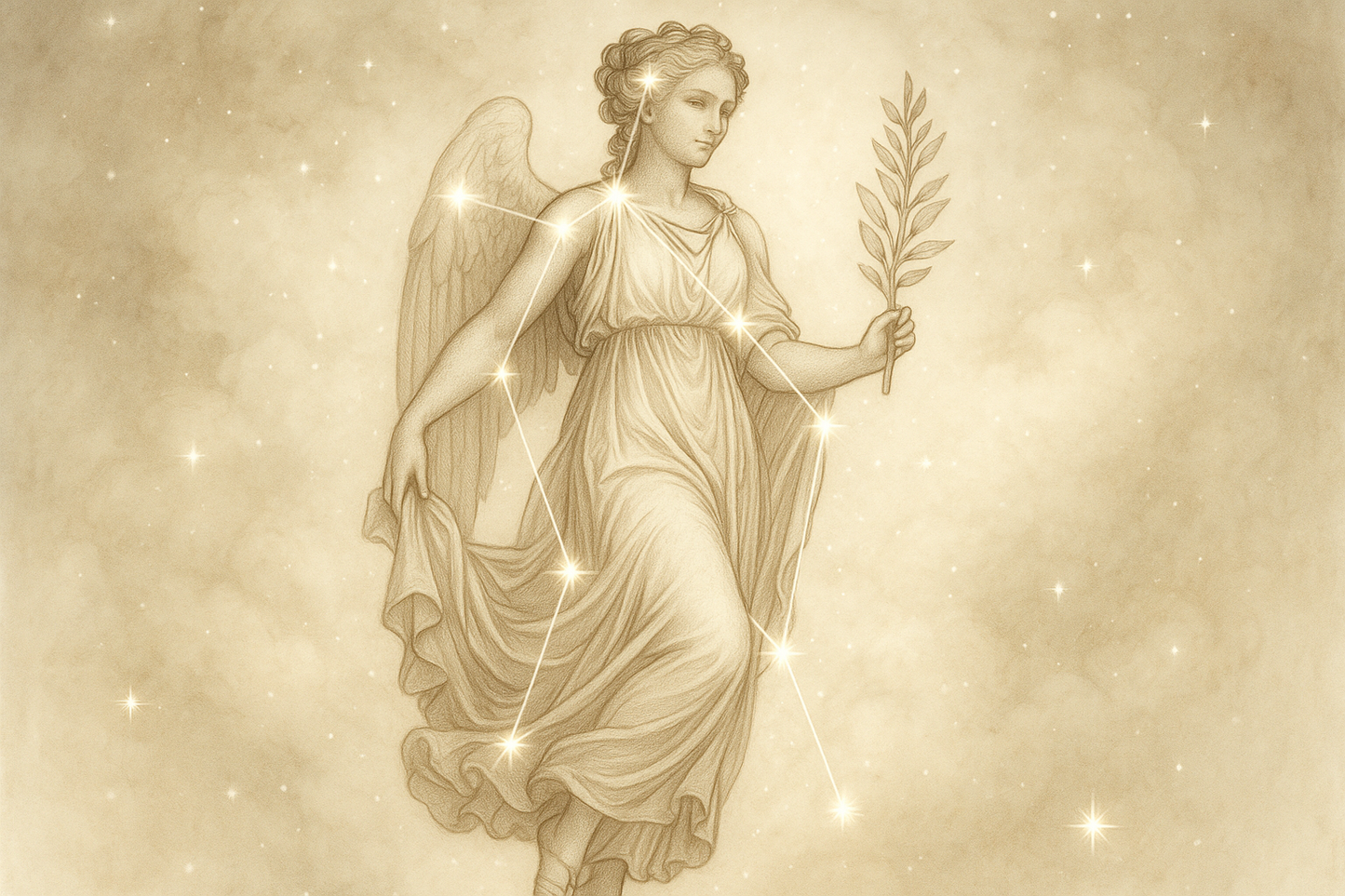 Classical angel figure holding an olive branch on a beige background (Virgo)