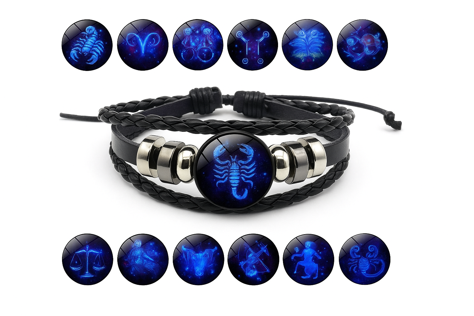 Bracelet with zodiac sign charm and blue glowing stones on a white background