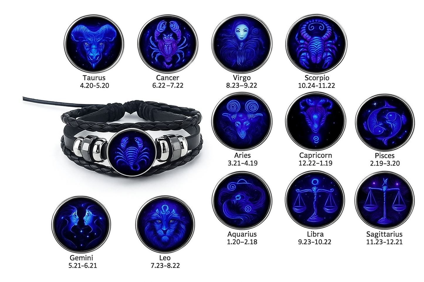 Bracelet with zodiac signs and dates on a white background Zodiac Collection