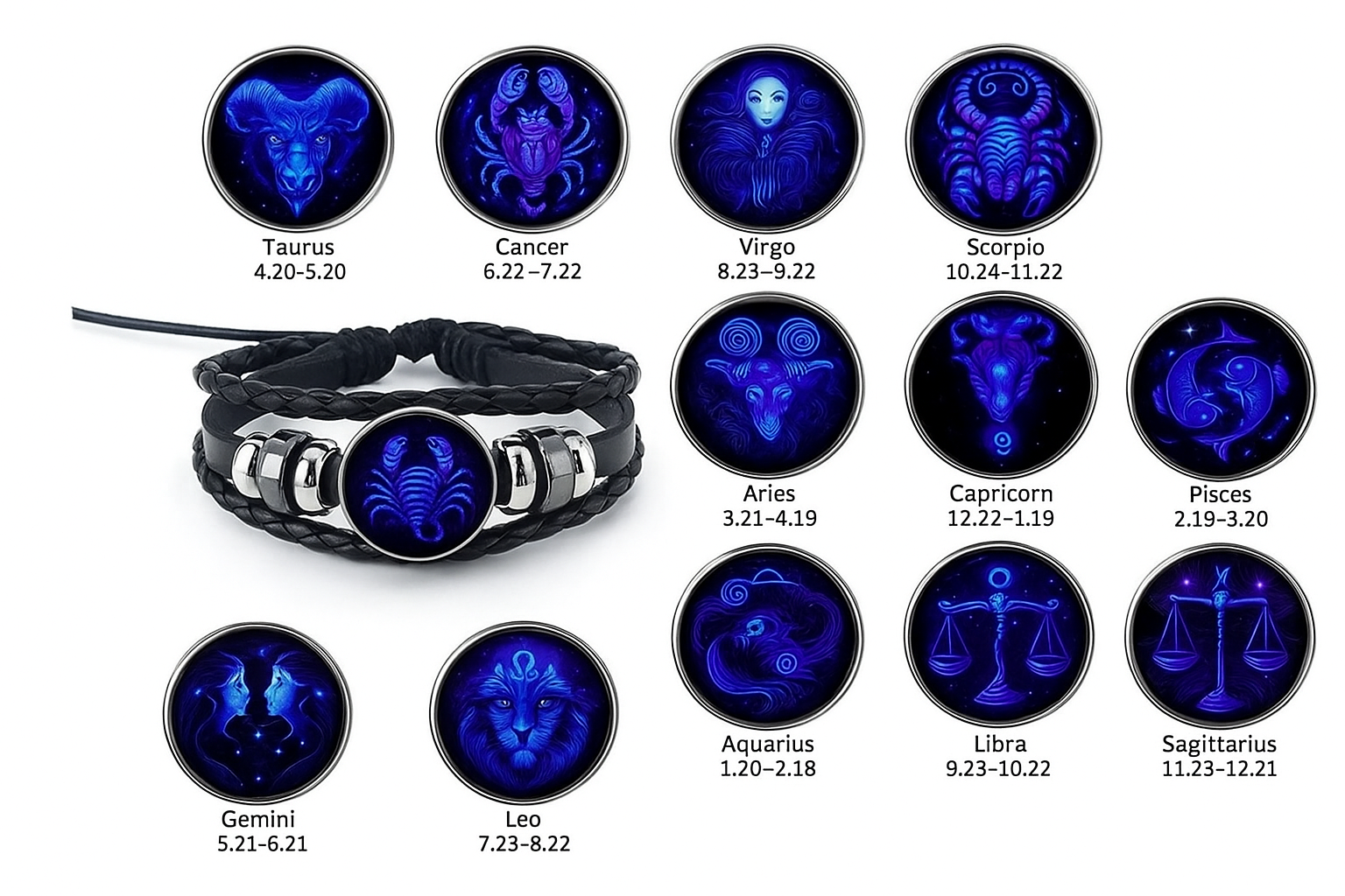 Bracelet with zodiac signs and dates on a white background Zodiac Collection