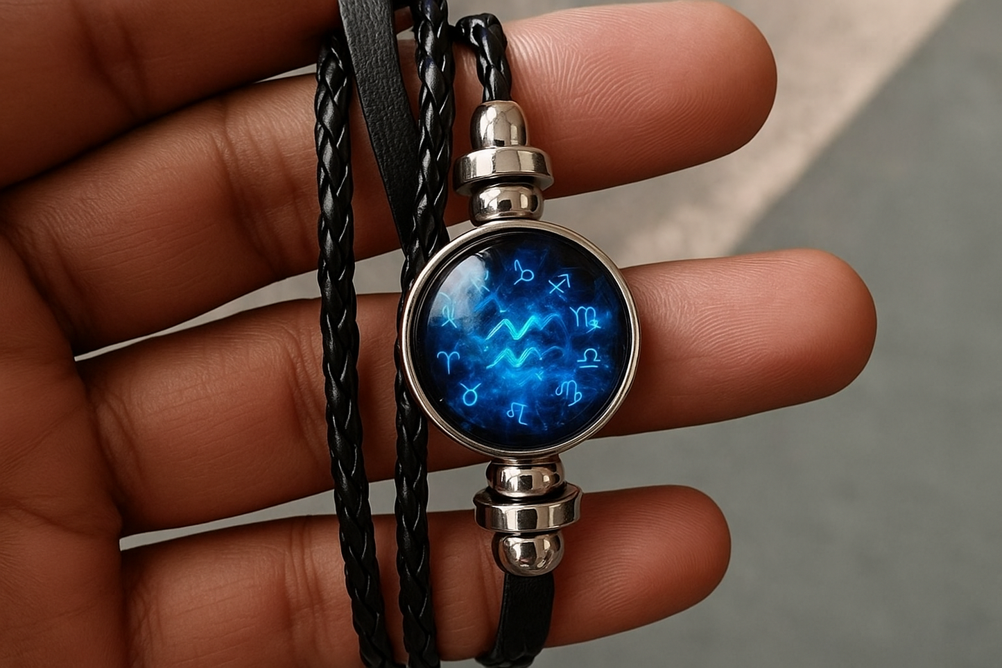 Necklace with a glowing blue pendant featuring astrological symbols held in a hand.